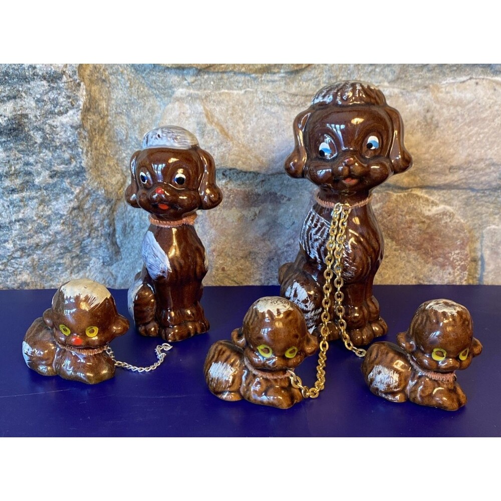 VTG Glazed Redware Pottery Japanese Leashed Poodle Dogs & Puppies - 5 Figurines